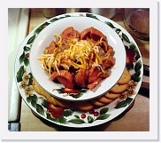 beans-and-weiners * Beans and Weiners. All beef weiners, sliced and fried, with pinto beans, sorrano sauce, and fresh tomato cubes, topped with shredded cheddar. * 750 x 655 * (78KB)