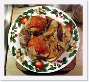 cabbage-rolls * Cabbage Rolls - with fried cabbage wedges on the side. Topped with medium salsa for a bit of tang. The rolls are stuffed with a mix of hamburger and pork sausage, with barley, rice, and bread crumbs. * 750 x 680 * (89KB)