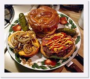 cheezeburgers * Cheezeburgers - served on a pretzel bun, with bacon, fried onions, and a mix of melted swiss and sharp cheddar. * 750 x 645 * (87KB)