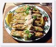 okonomiyaki * Okonomiyaki - Clam pancakes with hollandaise sauce and pickled ginger. * 750 x 618 * (84KB)