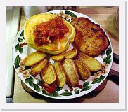 pork-cutlet-squash * Pork Cutlet - Egg washed, then coated with a cracker mix. One half of a squash is cubed, then mixed with shredded cheeze and baked in the other half, then topped with salsa. Potatoes are fried in an oil and garlic mix. * 750 x 651 * (78KB)