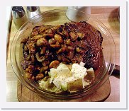 steak-evolution-(3) * Evolution of a Steak (Part Three) - Ready to eat! Broiled to medium rare, and topped with fried mushrooms and onions, with a baked potatoe with butter and sour cream topping. * 750 x 637 * (88KB)